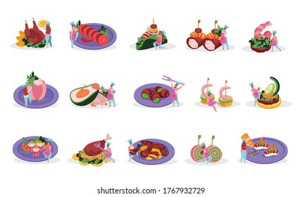 Professional kitchen flat recolor set with isolated icons of gourmet dishes with human characters of cooks vector illustration