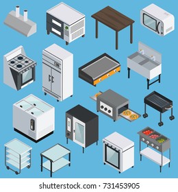 Professional kitchen furniture equipment appliances  with microwave grill refrigerator range stove isometric icons collection isolated vector illustration 