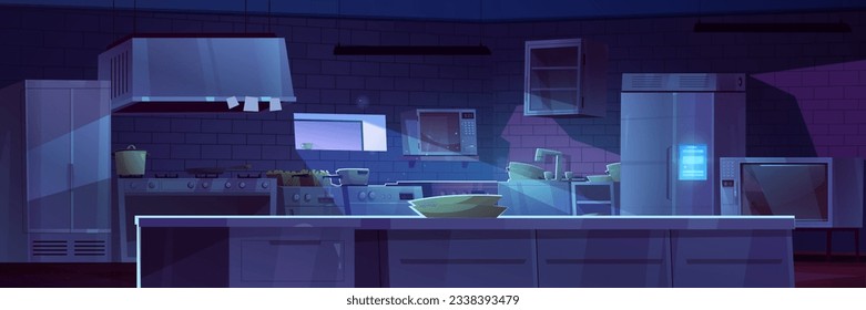 Professional kitchen interior at night. Vector cartoon illustration of dark large room with cooking equipment and furniture, table, fridge, oven, microwave, dishes in sink. Restaurant business