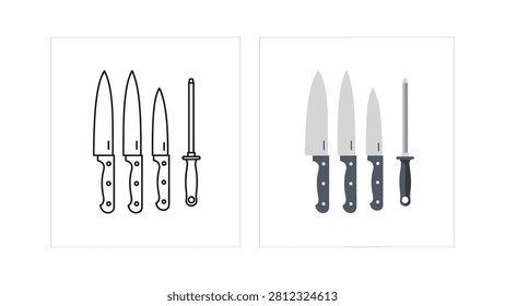 Professional kitchen knife set featuring three sharp blades and a honing steel tool presented in flat style on white background