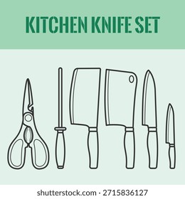Juego de cuchillos de cocina de Profesional y colección de tijeras en estilo de línea delgada. Ilustración vectorial de cuchillo de chef, cuchilla, afilador y tijeras de cocina. Equipo de cubiertos lineales.