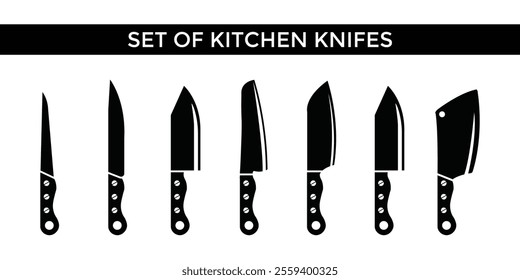Professional Kitchen Knife Set Silhouette Including Chef's Knife, Cleaver, and Utility Knives for Cooking Tools, Kitchen Equipment, Restaurant Branding, Culinary Design, and Food Vector Graphics.