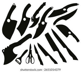 Professional Kitchen Knives, peeler, scissor icon. Kitchen Knife Silhouette Vector Set, Chef Tools and Culinary Cutlery Icons. Logo Design for Meat Shop. Cooking classes and food education silhouette.