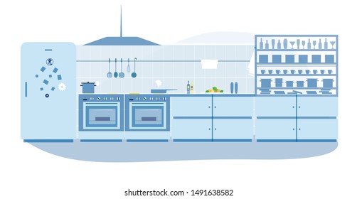 Professional Kitchen Retro Interior Design in Restaurant. Refrigerator, Utensils, Appliances, Furniture, Cupboard with Dishes and Glassware Flat Cartoon. Empty Cooking Room Vector Illustration