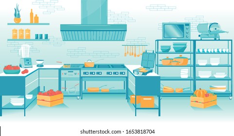 Professional Kitchen Room Interior of Restaurant or Cafe. Microwave, Oven, Cooker, Kitchenware, Blender, Shelves with Culinary Tool and Utensil. Wooden Box with Tomato. Modern Flat Vector Illustration