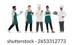 Professional kitchen staff and restaurant workers posing together: cooks and waiters, isolated