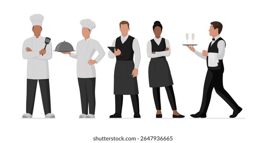Professional kitchen staff and restaurant workers posing together: cooks and waiters, isolated