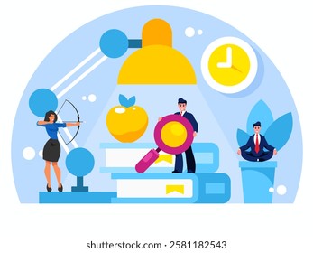 Professional knowledge concept. Businesswoman aims at the target. Businessman sits in the lotus position. Background with table lamp, books and apple. Vector graphics