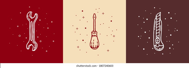 Professional labor builder and worker day set. Work Day. Hand drawn screwdriver, office knife, spanner. Red, beige and brown colors