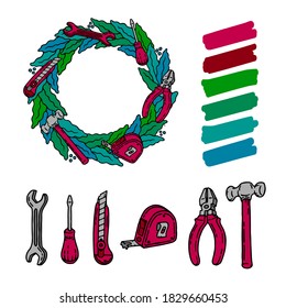 Professional labor builder and worker day set. Work Day. Hand drawn blue and green wreath with the set of construction tools with screwdriver, office knife, spanner, hammer, tape measure and pliers