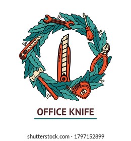 Professional labor day roulette office knife. Work Day. Hand drawn orange and green wreath with the set of construction tools with screwdriver, office knife, spanner, hammer, tape measure and pliers