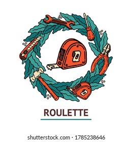 Professional labor day roulette template. Work Day. Hand drawn blue and green wreath with the set of construction tools with screwdriver, office knife, spanner, hammer, tape measure and pliers