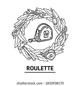 Professional labor day roulette template. Work Day. Hand drawn monochrome black and white wreath with the set of construction tools with screwdriver, office knife, spanner, hammer and pliers
