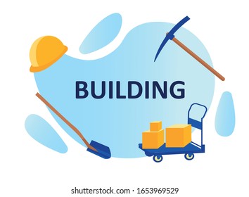 Cartel publicitario de las herramientas laborales profesionales en la construcción de edificios y casas. Carro de carro de caricaturas con bloques de ladrillo, casco, paquistaní y pala. Empresa de Desarrollo Inmobiliario.  Ilustración vectorial