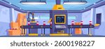 Professional laboratory or factory interior design with a robotic machine. Modern factory vector illustration. Industrial factory production line with AI robotic automation and packaging machinery
