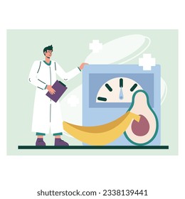 Professional laboratory worker holding clipboard, standing next to scales. Checking natural fruits for vitamins and beneficial ingredients. Healthy lifestyle concept. Flat vector illustration