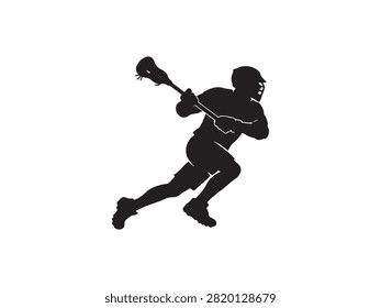 Professional lacrosse player silhouette vector isolated on a white background. Editable black sports illustration for field games, tournaments, training, fitness, and commercial design.