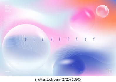 Plantilla de Vector de la página de aterrizaje del Profesional que presenta un fondo de gradiente de aura rosa y azul brumoso con esferas de vidrio translúcido y líneas onduladas fluidas para la cubierta, el Anuncio, el cartel, el volante, la presentación, la publicidad, el Anuncio