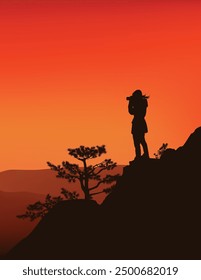 professional landscape photographer shooting on pine tree covered rock cliff at sunset -  woman hiker and mountain landscape vector silhouette scene