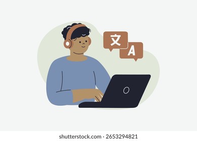 Professional Language Translator Working on Laptop with Headphones Vector