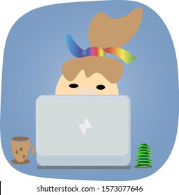 IT professional. Laptop, Christmas Tree, a Cup of coffee and a IT girl. For greeting cards, book illustrations, print. Vector illustration.