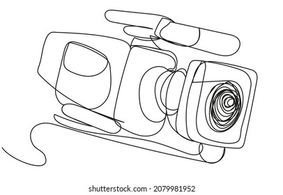 Professional large camera drawn with one line on a white background. Concept of cinema, news, journalism, content creation. Vector illustration with director's tools.  Video shooting process.