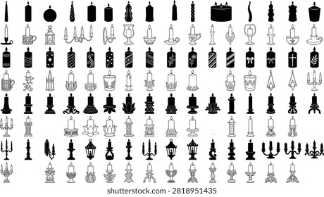 A professional large vector silhouette and line icon set featuring diverse burning candles holders lanterns and candelabras.