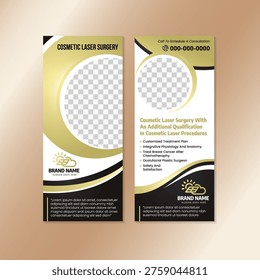 Professional laser clinic poster template. cosmetic laser surgery banner design on vertical layout. abstract luxury template using combination black and gold gradient on element isolated on white background. 
