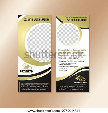 Professional laser clinic poster template. cosmetic laser surgery banner design on vertical layout. abstract luxury template using combination black and gold gradient on element isolated on white background. 