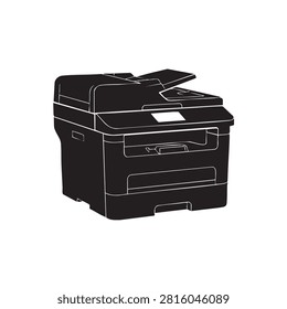 Professional laser printer with integrated document feeder, black icon vector illustration. Designed for modern office environments to handle printing, scanning, and copying tasks. High quality hardware for efficient document processing in business settings. Isolated graphic on white background.
