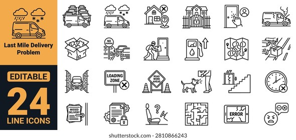 Professional last mile delivery problem icons set featuring traffic congestion, weather delays, access barriers, delivery failures, customer issues, and logistics challenges. Ideal for UI, UX, web, mobile app, presentation, print, branding, infographic, and dashboard design.