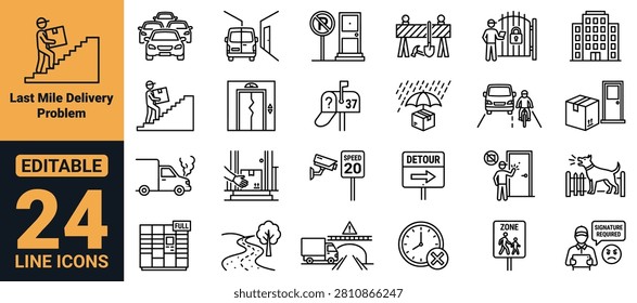 Professional last mile delivery problem icons set featuring traffic congestion, roadblocks, weather delays, access restrictions, parcel issues, and customer delivery challenges. Ideal for UI, UX, web, mobile app, presentation, print, branding, infographic, and dashboard design.