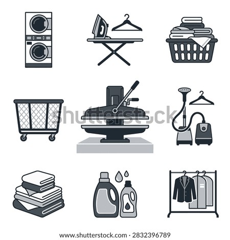Professional laundry service and dry cleaning equipment icons.