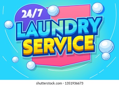 Professional Laundry Service Typography Banner. Modern Washing Machine Agitation, Rinsing, Ironing and Folding Clothing. Hygiene Clean Delicate Fabric. Flat Cartoon Vector Illustration