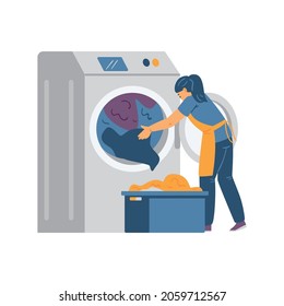 Professional laundry worker loading washing machine with clothes, flat vector illustration isolated on white background. Laundry and wash house services.