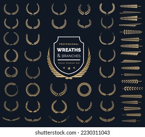 professional laurel wreaths on black background. Set of foliate award wreath and tree branchs for cinema festival.Vector illustration