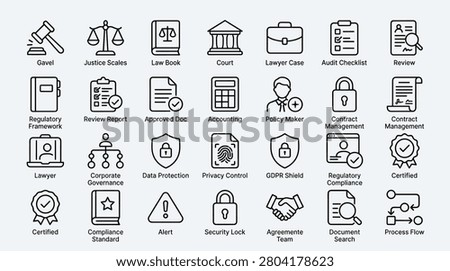 Professional law and compliance icon collection including justice symbols corporate governance graphics data protection shields gdpr compliance alerts security locks agreement documents process flows regulatory frameworks and legal service illustrations for business use.