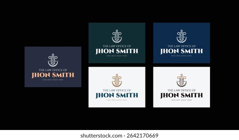 Professional law office logo design featuring a justice scale symbol, classic serif typography, and multiple color variations. Ideal for legal firms, attorneys, lawyers, notaries, and corporate