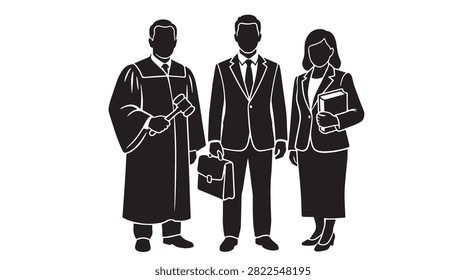 Professional Law Team Silhouette Featuring Judge with Gavel Lawyer with Briefcase and Law Book
