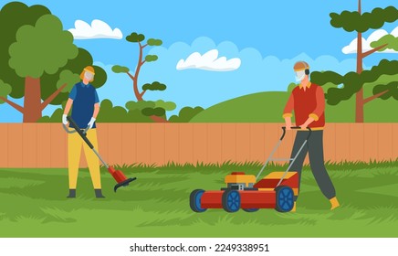 Professional lawn mowing and care maintenance. Handymen with protection equipment cutting grass on backyard. Male workers with tools outside, cartoon specialists doing job in garden vector