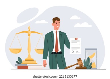 Professional lawyer concept. Man with document and judges gavel against background of golden scales. Justice and law, specialist. Legal service and authority. Cartoon flat vector illustration