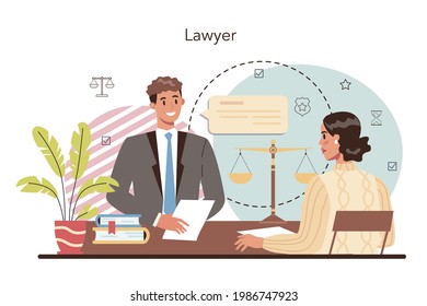 Professional lawyer concept. Punishment and judgement idea. Settling document creation. Law advisor or consultant, advocate defending a customer at the trial. Vector flat illustration