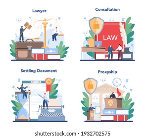 Professional lawyer concept set. Punishment and judgement idea. Settling document creation. Law advisor or consultant, advocate defending a customer. Vector flat illustration