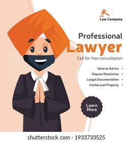 Professional lawyer free consultation banner design. Punjabi lawyer is standing with greet hands. Vector graphic illustration.