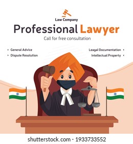 Professional lawyer free consultation banner design. Punjabi lawyer is holding scales and hammer in hand. Vector graphic illustration.