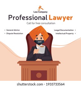 Professional lawyer free consultation banner design. Punjabi lawyer is sitting on the chair and holding a tea cup in hand. Vector graphic illustration.