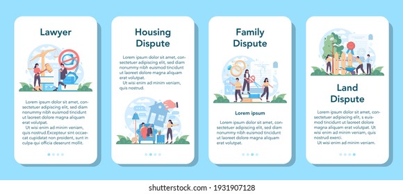 Professional lawyer mobile application banner set. Punishment and judgement idea. Housing, family and land legal dispute. Law advisor, advocate defending a customer. Vector flat illustration