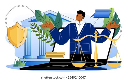 Profesional abogado en línea. Hombre en la pantalla del ordenador portátil cerca de la escala de jueces. Asesor jurídico y consultor en internet. Jurisprudencia y juicio. Ilustración vectorial plana aislada sobre fondo blanco