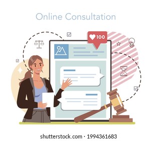 Professional lawyer online service or platform. Law advisor or consultant, advocate defending a customer at the trial. Online consultation. Vector flat illustration