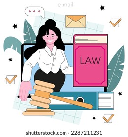 Professional lawyer online service or platform. Punishment and judgement idea. Settling document creation. Law advisor or consultant. E-mail. Vector flat illustration